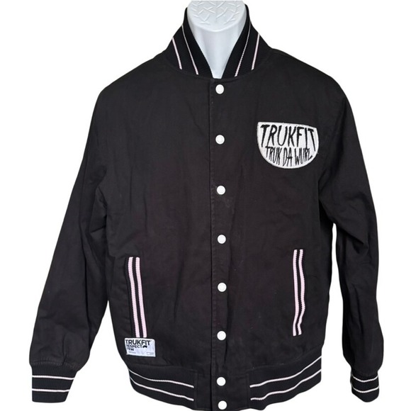 Trukfit Truk Da Wurl Varsity Jacket Sz M Black Lil Wayne Streetwear 100% Cotton - Picture 1 of 9